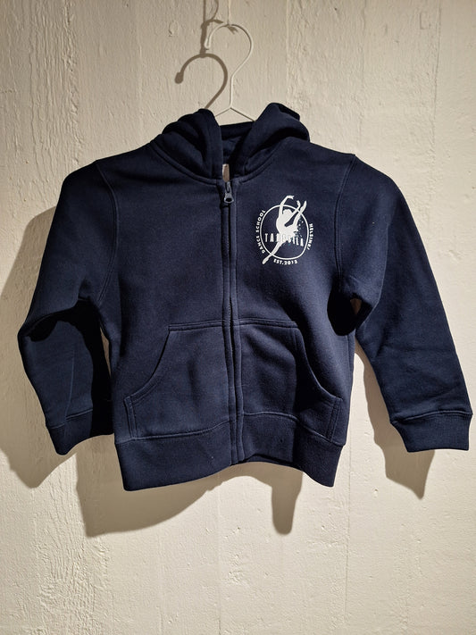 Tanssila, lasten tummansininen vetoketjuhuppari valkoisella logolla