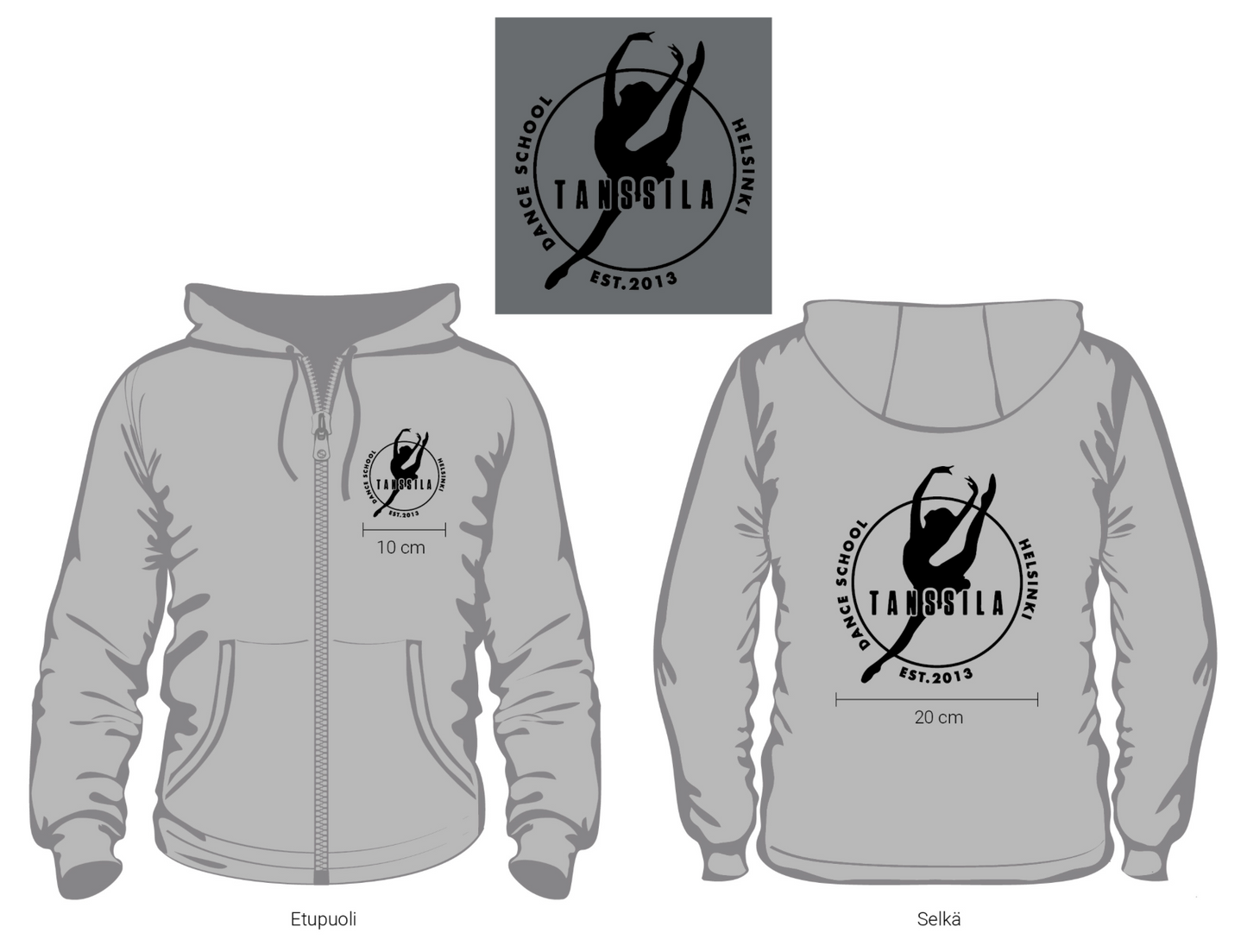 Tanssila, lasten harmaa vetoketjuhuppari, musta painatus