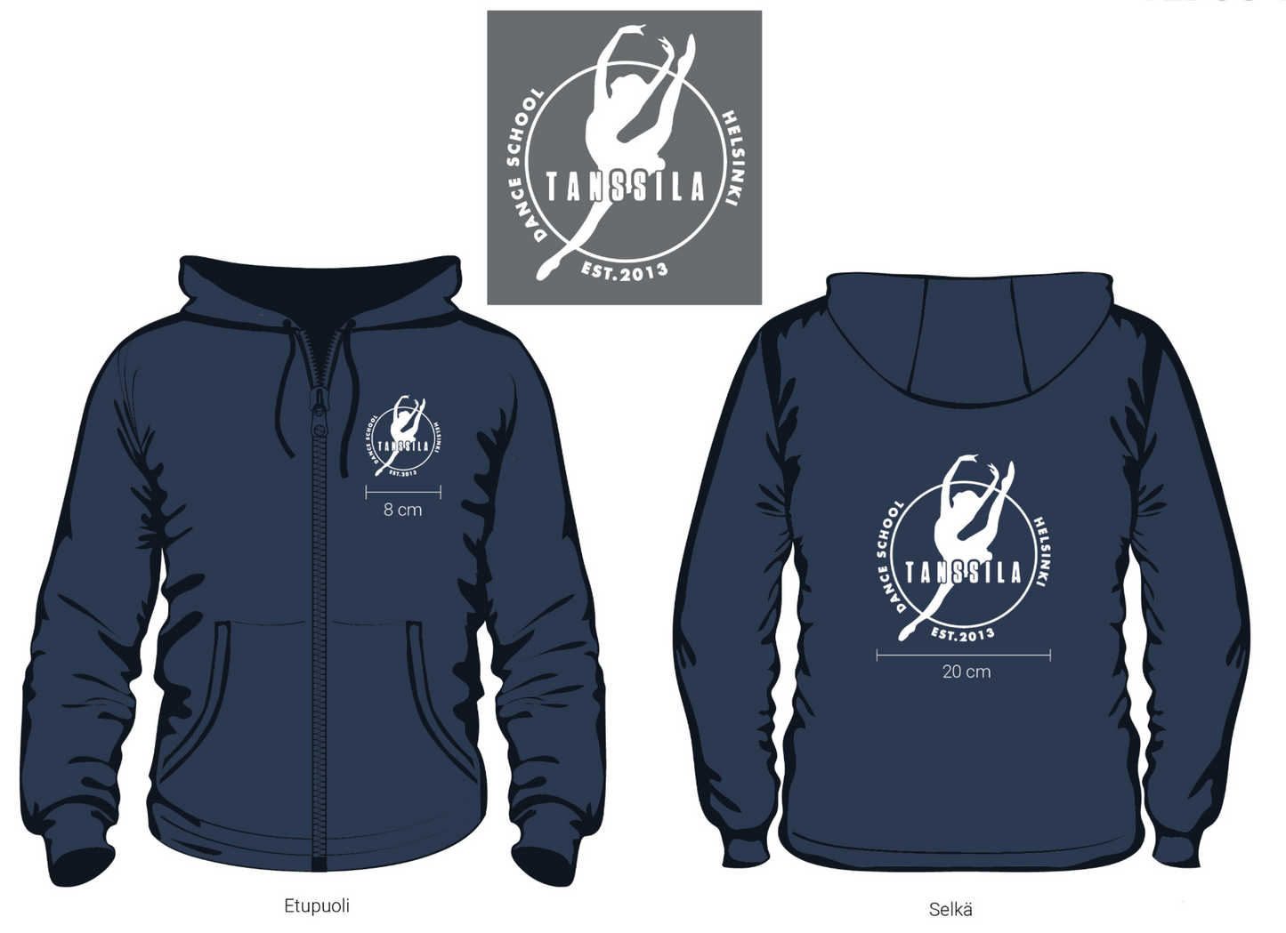 Tanssila, tummansininen vetoketjuhuppari, valkoinen painatus, ympyrälogo