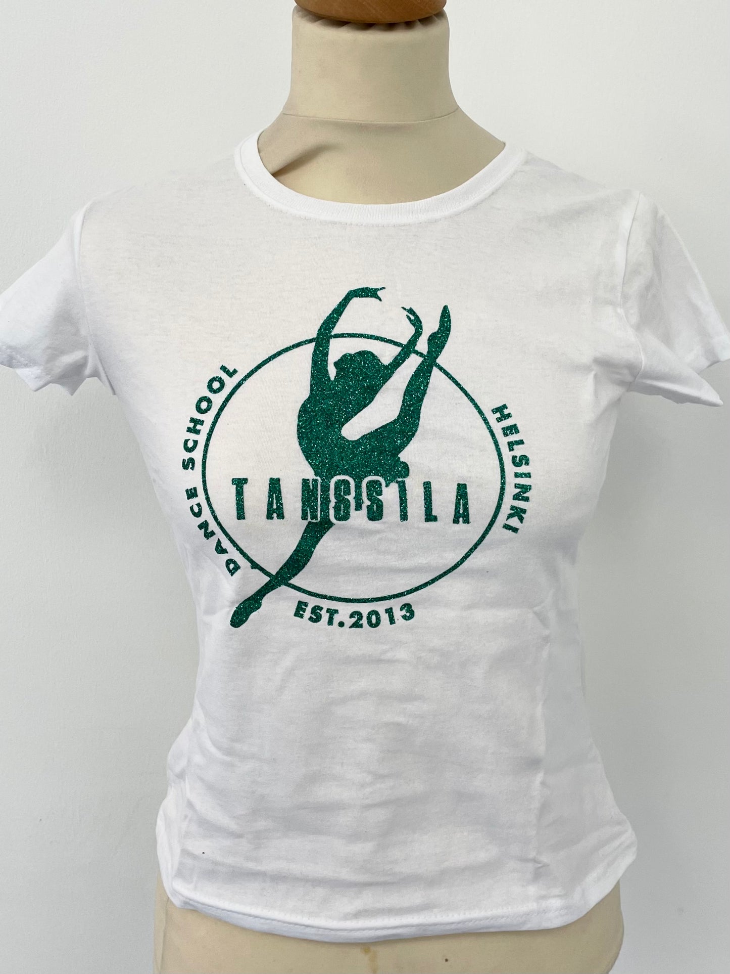 Tanssila, ympyrälogo, lasten valkoinen t-paita, jade glitter