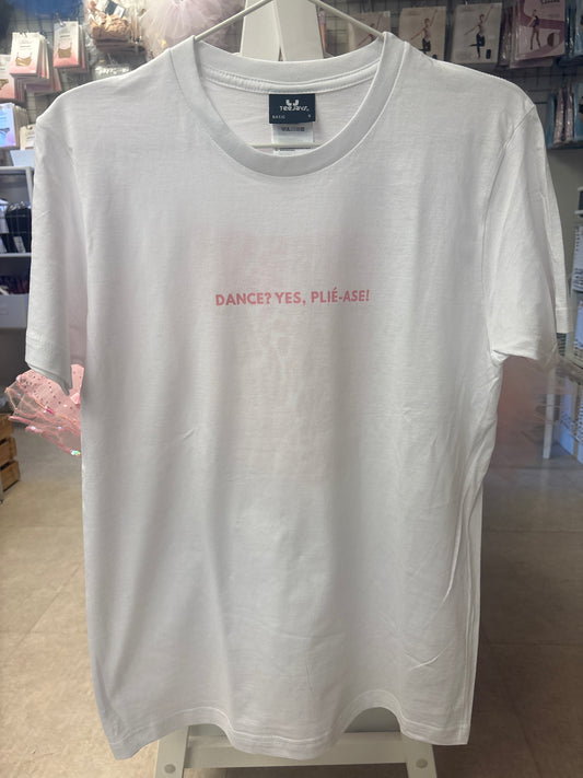 Tanssila, lasten valkoinen t-paita, Dance? Yes, Plié-ase!