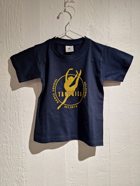 Tanssila, lasten tummansininen t-paita kultaisella logolla