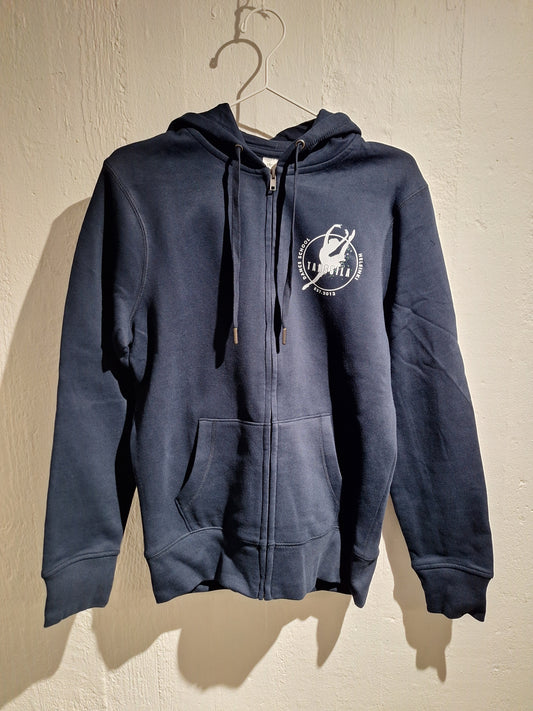 Tanssila, aikuisten tummansininen vetoketjuhuppari valkoisella logolla